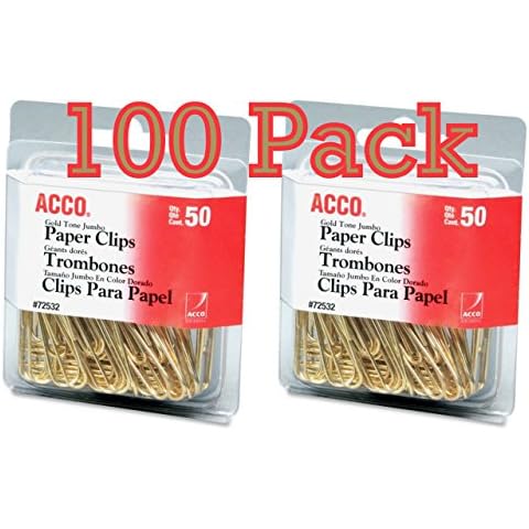 ACCO Brands Value Pack of 100 ACCO Gold Tone Jumbo Paper Clips, Smooth Finish, Steel Wire, 20 Sheet Capacity, 2 boxes, 50 Clips per Box (A7072532) Cover