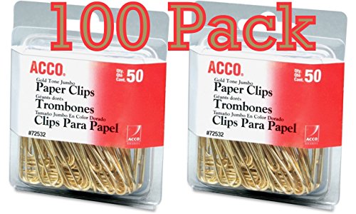 ACCO Brands Value Pack of 100 ACCO Gold Tone Jumbo Paper Clips, Smooth Finish, Steel Wire, 20 Sheet Capacity, 2 boxes, 50 Clips per Box (A7072532)