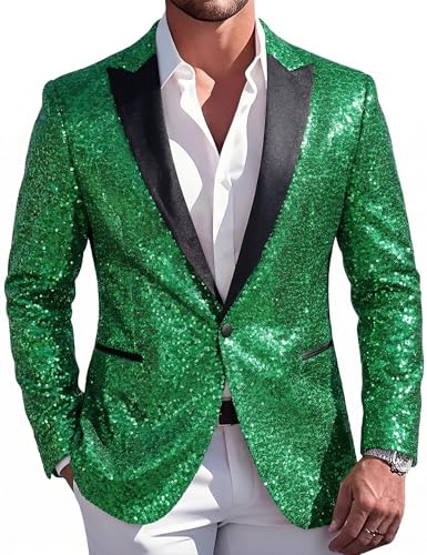Barry.Wang Green Sequins Men Suit Jacket Sparkly Blazer Cocktails Shiny Metallic Outwear Host Party Tux Homecoming Club Night Out Game Concert