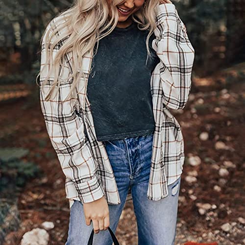 Women Retro Art Plaid Jacket Single Breasted Pocket Splicing Long Sleeve Mid Length Jacket Coat Female Tops Shirt Blouse White #TOP3