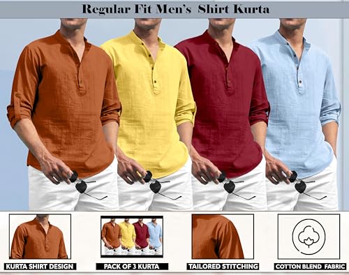 Image of Zombom Combo of Men's Solid Cotton Polyester Blend Full Sleeve Mandarin /Chinese Collor Straight Kurta Shirt (Pack of 4)