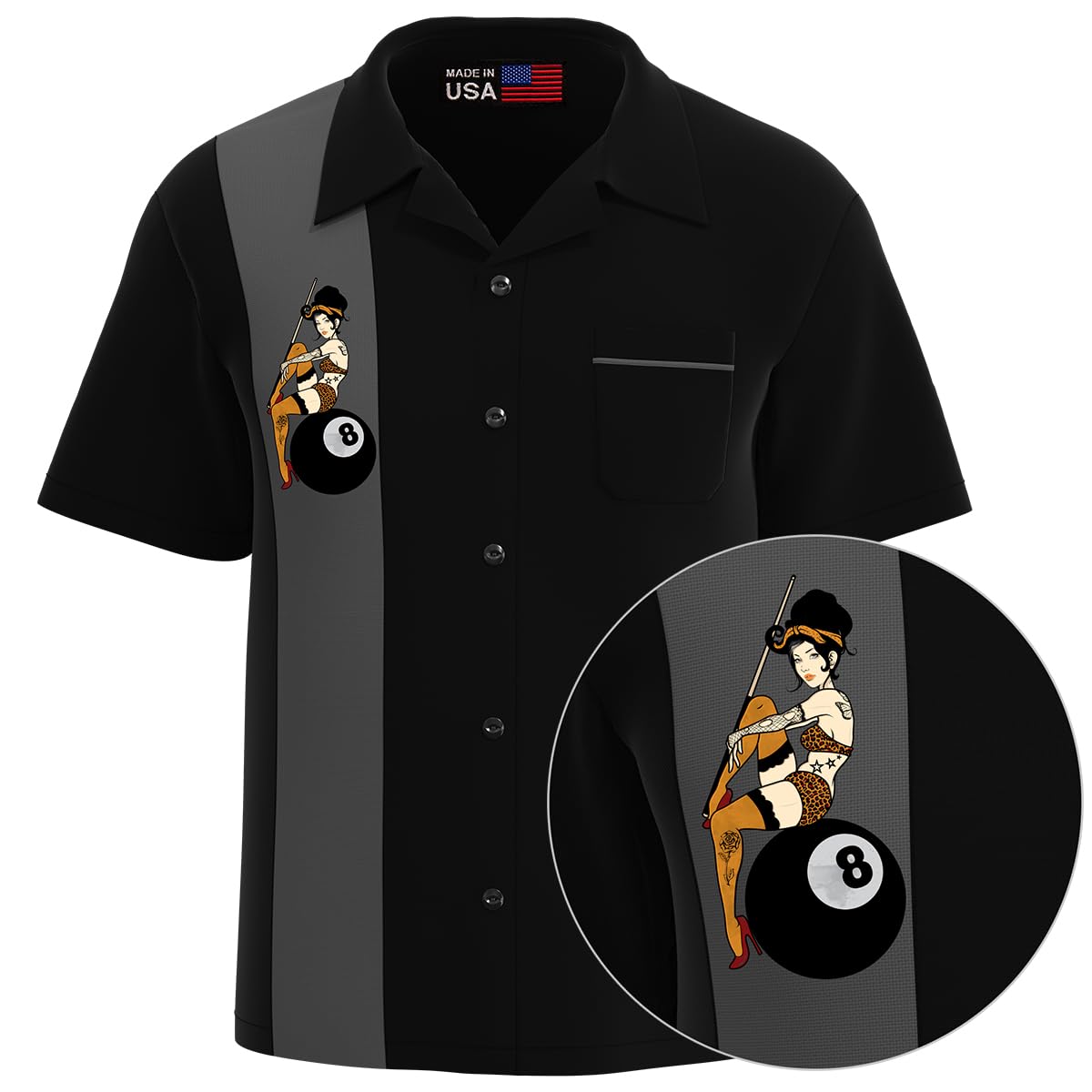 BeRetro Men's Bowling Lounge Retro Shirt with 8 Ball Pool Pinup Girl Design for Game Night - Made in USA Black