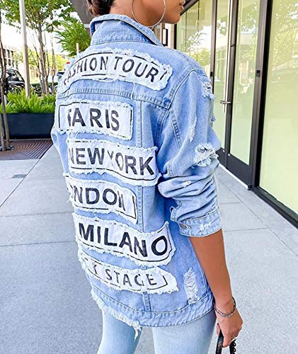 MACCHIASHINE Women's Letter Patchwork Long Sleeve Ripped Jean Jacket Sexy V Neck Loose Printed Distressed Denim Outfits3