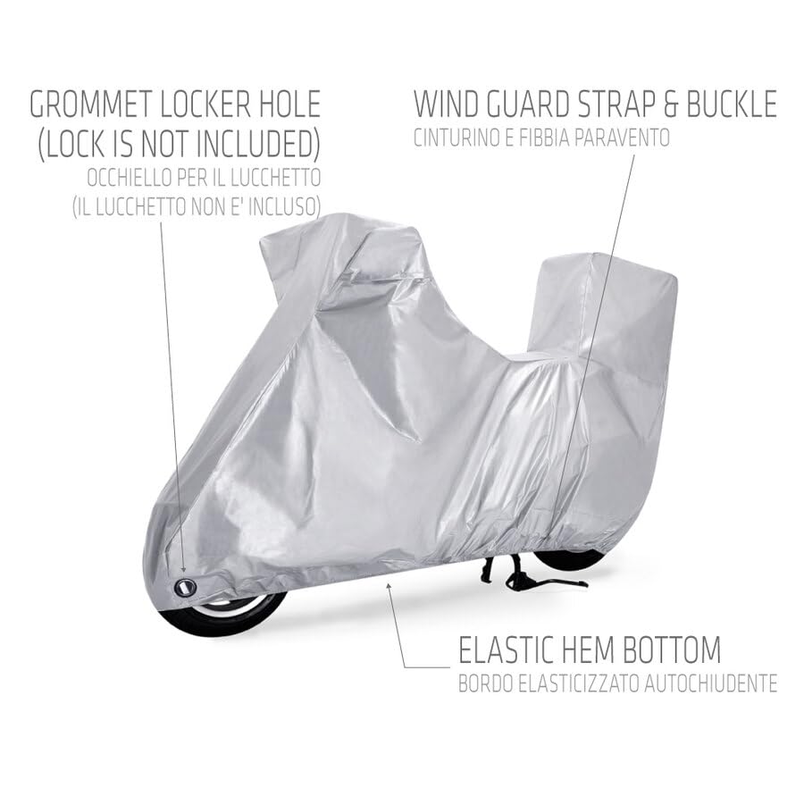 RONIN Telo Coprimoto Impermeabile Universale, Parapioggia Paravento Anti UV per moto Motorino Scooter. | Presagomato Parabrezza e Bauletto | (PT3 246x127x130x104x48c)