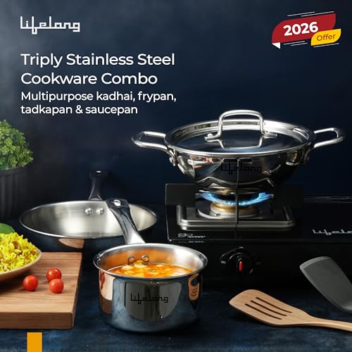 Image of Lifelong Triply 5 piece cookware set|Triply Kadai, Frypan, Saucepan & Tadka Pan for Cooking | 20cm Kadai (1.7L)& Fry Pan (1.2L) 20cm| 14cm Saucepan (1.2L) & Tadka Pan 10 Cm with Common Lid (LLTPDK009)|Induction and Gas Stove Compatible