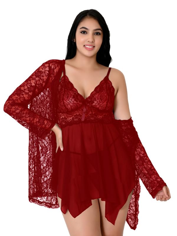 Image of Net Lace Spandex Women Babydoll Nightgown Honeymoon Lingerie Nighty