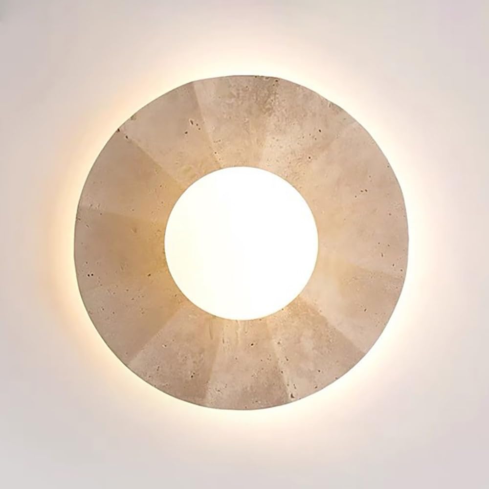 COSRUB Round Travertine Stone Wall Sconce with Globe Glass, Backlit Halo LED Wall Lamps Japanese Dimmable Full Spectrum Wall Lighting for Bedside Living Room(30cm/11.81in)