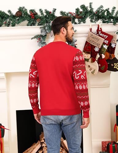 Marvmys Herren Weihnachtspullover Hässlicher Weihnachtspulli Christmas Sweater Schneeflocken Elch Stricken Herrenpullover mit Rundhalsausschnitt und Langen Ärmeln für Herren Weihnachtsparty B-Rot L