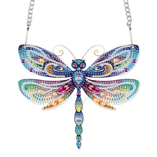 Image of AiYuanzsh Animal Dragonfly Diamond Painting Kit Ornament with Hanging Chain DIY Diamond Art Acrylic Crystal Hanging Pendant Paint by Number Stained Glass Wall Art for Adults Home Wall Decor Gift