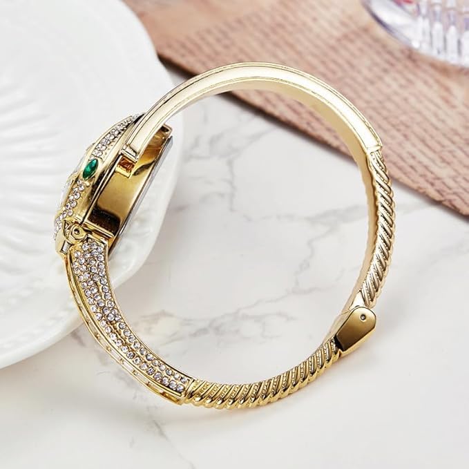 Image of Women's Gold Bracelet Watch | Snake Coil Cuff Style | Crystal Studded Oval Dial | Elegant Jewellery Watch for Women & Girls | Party, Wedding & Festive