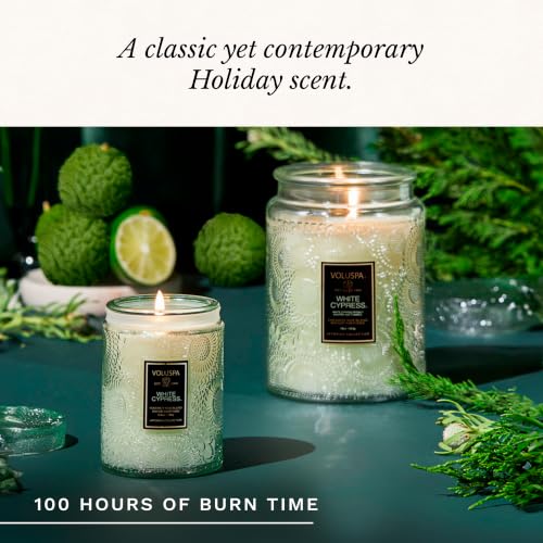 Image of Voluspa White Cypress,Large Candle Jar,18 Ounce,100 Hour Burn Time, & Coconut Wax for Clean Burning,Handcrafted in the USA