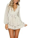 AIMCOO Women's Long Bubble Sleeve Polka Dot Romper Floral Print V-Neck Jumpsuit Layer Ruffle Hem Cas