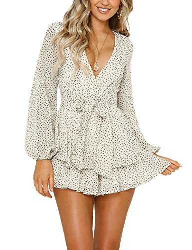 Aimcoo Women's Long Bubble Sleeve Polka Dot Romper Floral Print V-Neck Jumpsuit Layer Ruffle Hem Casual Rompers For Summer (White, X_L) #TOP15