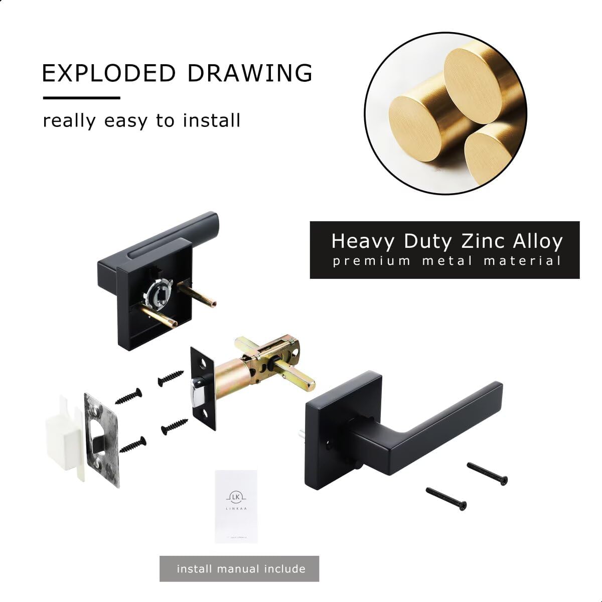 Linkaa Black Door Handles Interior （3 Pack，Push Button Lock，Privacy） Modern Door Lever for Bedroom,Keyless Front Door Lock Set,Bathroom Door Knob with Lock