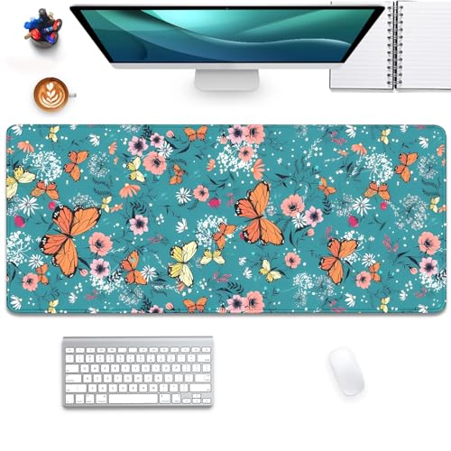 Colorful Butterflies and Flowers Extended Desk Pad Mouse Pad,Stitched Edges Non-Slip Rubber Base XL Mouse Mat Desk Mat for Office Home Work Blue Mousepad(27.5X11.8 Inch)