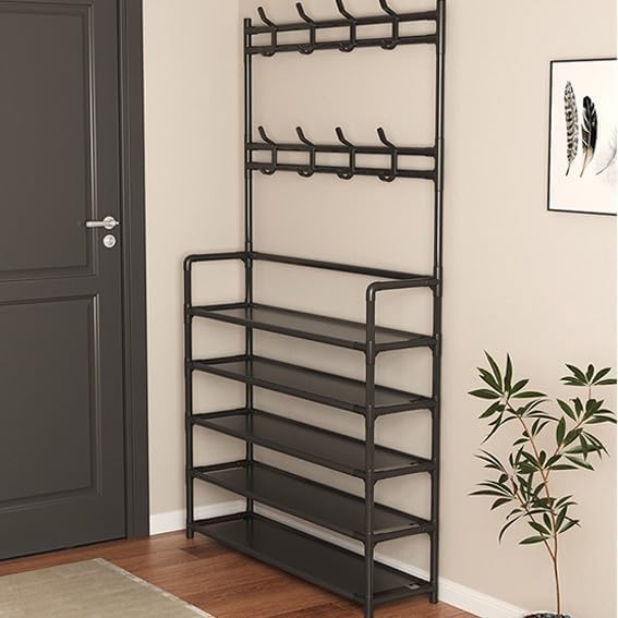 Large 5 Tier Coat & Shoe Stand Large with Hooks Black Storage Solution for Hallway 60cm