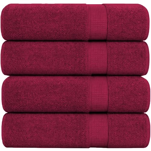 GOLD TEXTILES Premium Bath Towels Set (Pack of 4,27 x 54) 100% Ring-Spun Cotton Bathroom Towels for Hotel, Spa, Soft and Absorbent (27 x 54, Red Wine - 4 Pcs)