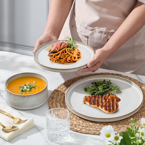Image of E-far Stoneware Dinnerware Sets, 18-Pieces Modern Plates and Bowls Sets, Kitchen Dinning Porcelain Dishes Set for 6, Chip & Scratch Resistant, Dishwasher & Microwave Safe, Creamy Beige