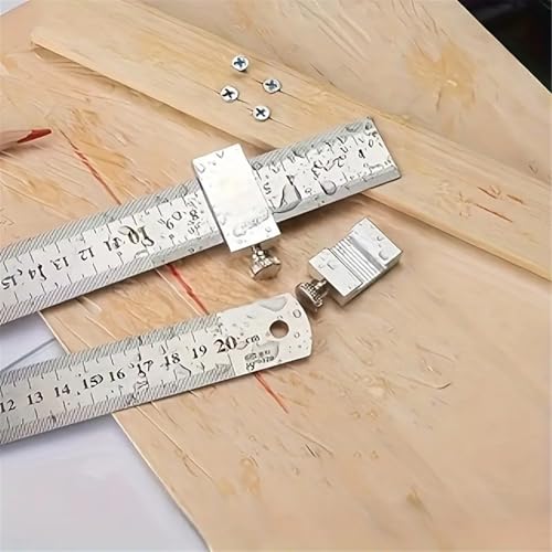 1 PCS Silvery Aluminum Alloy Carpenter's Ruler Stoppers Steel Ruler Precision Scribe and Marking Gauge, with Woodworking and Measuring Pocket Clips 20cm - image 2