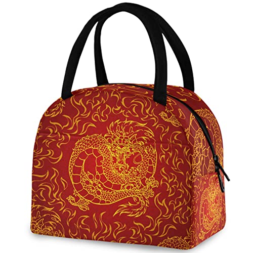 Stylish Gold Dragon Asian Fire Red Art Insulated Cooler Lunch Tote Bag