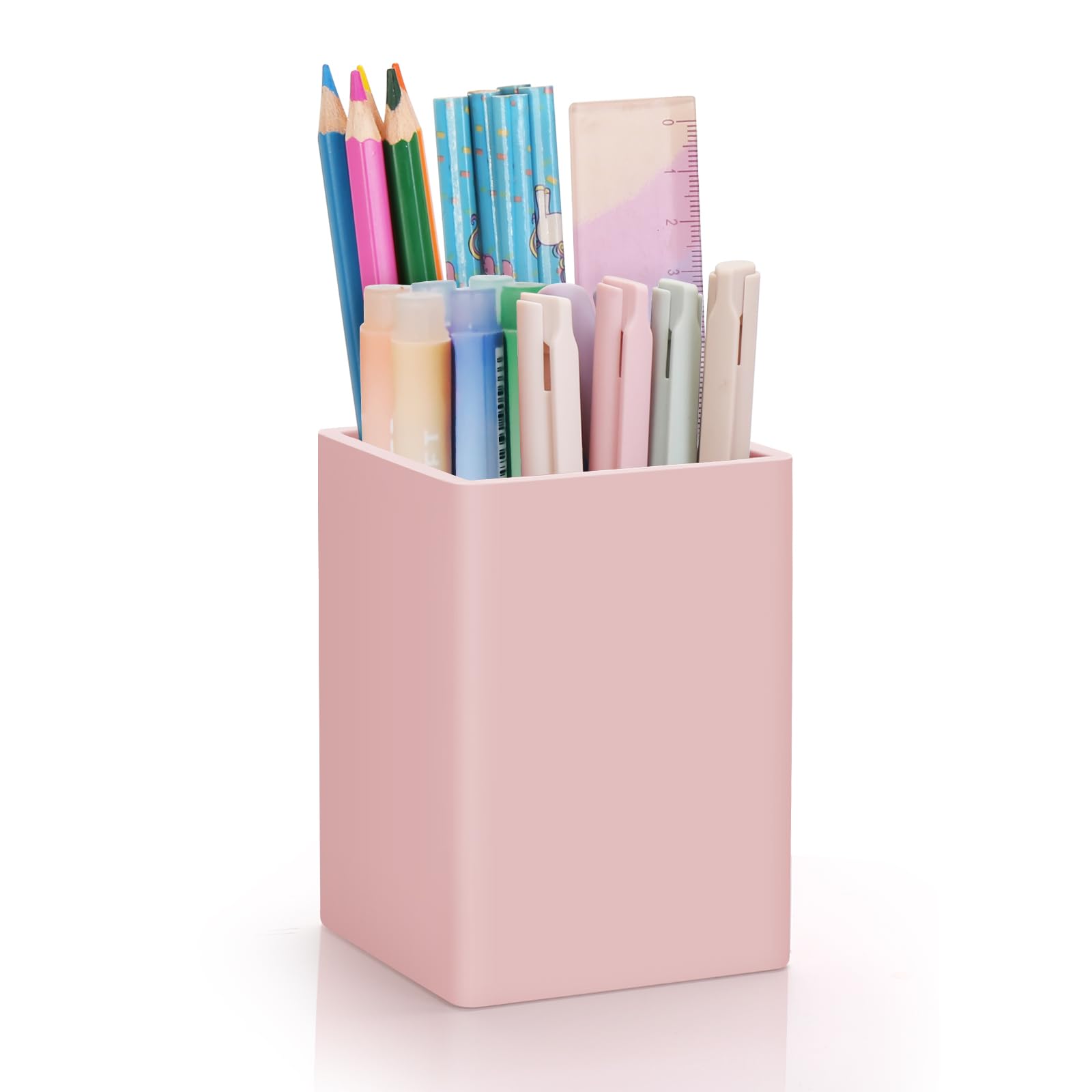 Pen Holder for Desk,Nordic Elegance Square Silicone Pencil Holder Soft Minimalist Desk Pen Cup Stand Waterproof Multifunctional Office Supplies for Home,Kids and School(Pink)