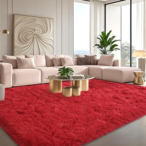 Large Soft Fluffy Rugs for Living Room, 9x12 Feet, Red Faux Fur Area Rug - Plush Non-Slip Shag Shaggy Carpet for Bedroom, Kids Boys Girls Dorm Nursery Room