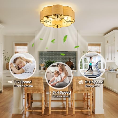Image of Boho Caged Ceiling Fans with Lights Flush Mount, Rattan Fandelier Chandelier Ceiling Fan with Light with Remote and 6-Speed Motor for Bedroom, Nursery, Living Room