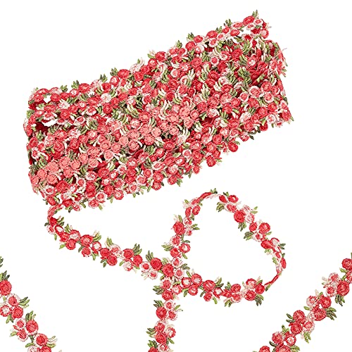 GORGECRAFT 5 Yards Flower Trim Ribbon Red Flower Rose DIY Lace Applique Ribbons Sewing Floral Craft Lace Edge Trim for Wedding Dresses Embellishment DIY Party Decor Clothes