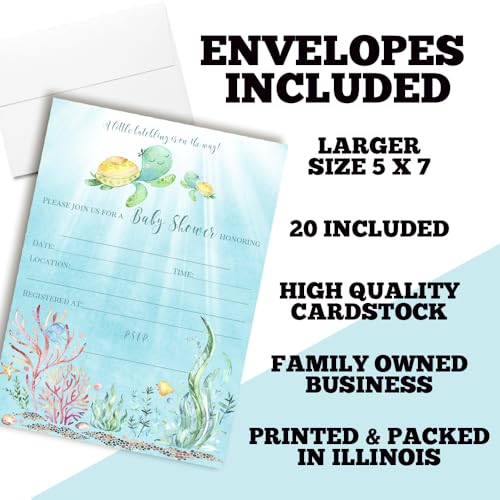 Little Hatchling Cute Sea Turtle Sea Life-Themed Baby Sprinkle Shower Invitations, 20 5x7 Fill In Cards with Twenty White Envelopes by AmandaCreation
