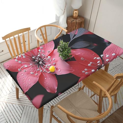 Xzeit Pink and Black Flower Rectangle Tablecloth Elastic Fitted Table Covers for 5 Ft Tables Stretch Table Cloths Outdoor Waterproof Table Cloth Cover for Picnic Camping Indoor Outdoor 30