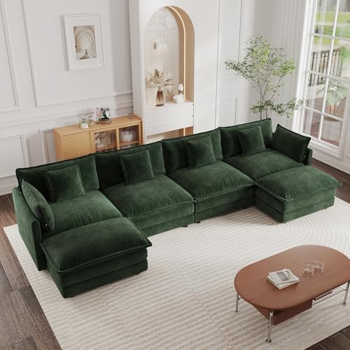 mikibama Modular Sectional Sofa, 146.5 Inch U Shaped Couch Set for Living Room, 4-Seater Comfy Cloud Couches with Two Movable Ottoman, DIY Combination, Chenille, Evergreen