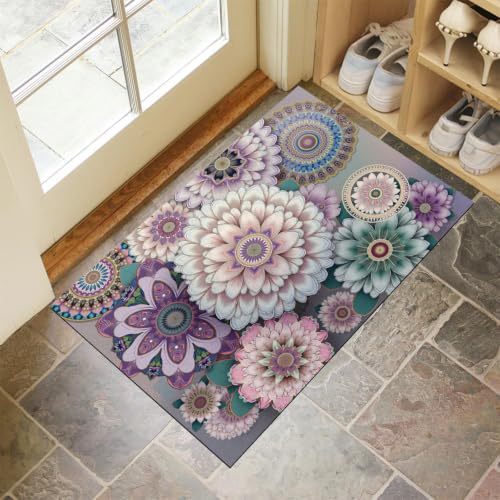 Paillasson fleurs sauvages géométriques rose clair 80x120 cm lavable - 4