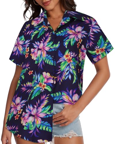 Image of Women Hawaiian Shirt Button Down Summer Tops Beach Short Sleeve Blouse