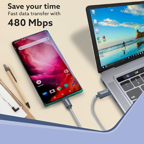 Image of AGARO Type C To Type C Fast Charging Cable Compatible With Android Devices, Iphone15, Power Bank, 4A, 60W, Supports PD, 480 Mbps Data Transmission, Braided, 1M, Black
