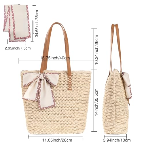 Image of Large Straw Beach Bag: Women's Handwoven Tote with Zipper Pocket - Lightweight Summer Purse for Travel & Work