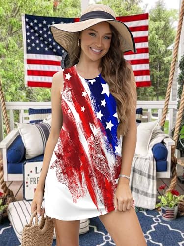 Image of VVNTY American Flag Tank Dress Women: 4th of July Shirts Sleeveless Patriotic USA Flag Tees Casual Summer Tanks Sundress