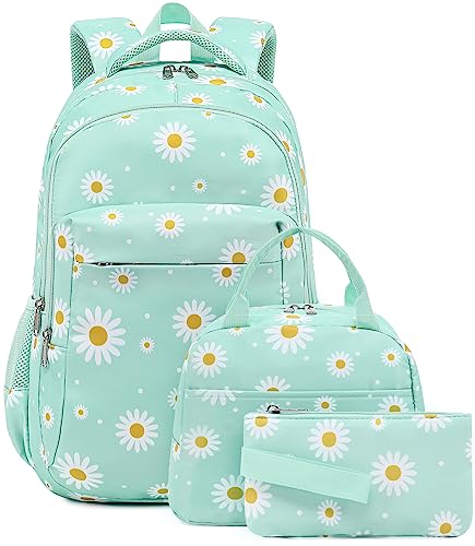LEDAOU Backpack for Kids Girls Boys School Bags Teen Bookbags Set School Backpack with Lunch Box and Pencil Case (White Daisy Green)