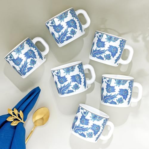 Image of Larah by BOROSIL 100ml x 6pc Opalware New Iris Tea /Coffee Mug Set, Microwave & Dishwasher Safe Embossed Design Crockery Set Ideal for Daily Use & Gifting