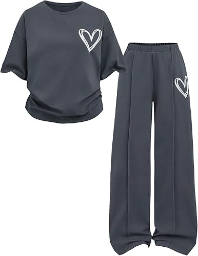 Verdusa Girl's 2 Piece Outfits Heart Print Short Sleeve Oversized T Shirts with 