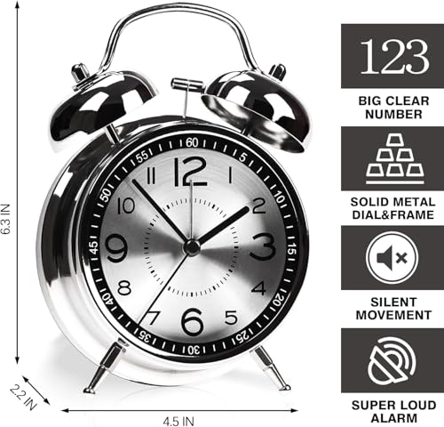 Image of Alarm Clock Analog Table Clock with Twin Bell Design and Numbered Dial, Desktop Timepiece (Metal Silver Analog Alarm Clock)
