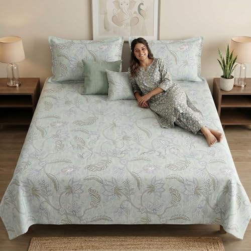 Image of Mafatlal 186 TC Metro Cotton Double Bedsheet | 90 x 100 Inch | Breathable Cotton Bed Sheet with 2 Pillow Covers | Stylish Home Linen | Emerald Teal