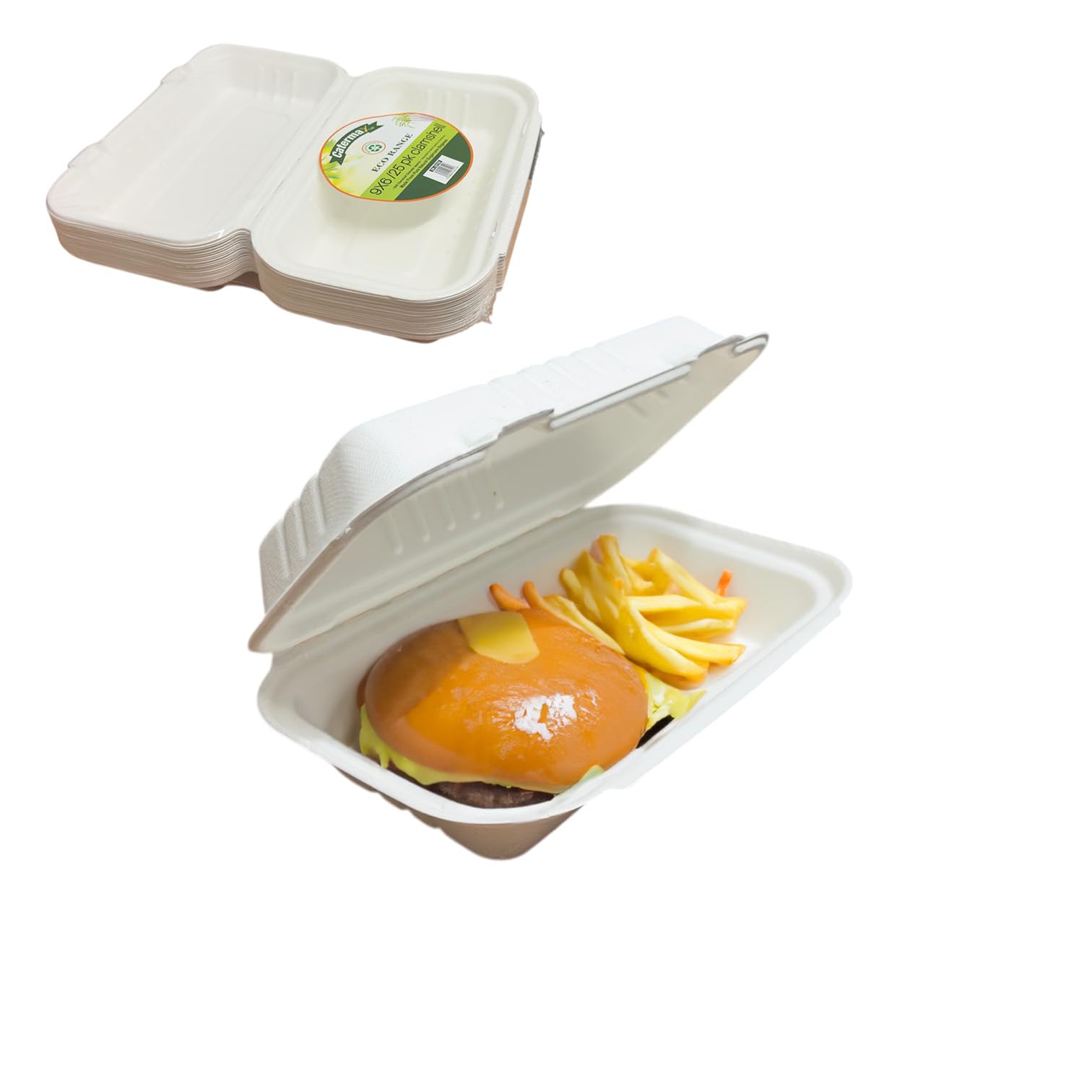 Eco-Friendly Clamshell Takeaway Boxes, 9x6 inch, 32oz / 900ml, Made from Natural Sugarcane Pulp, Disposable Takeaway Container, Home Compostable Biodegradable, Sugarcane bagasse (100)