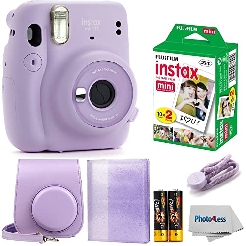 Fujifilm Instax Mini 11 Instant Camera Lilac Purple | Instax Mini Twin Pack Film | Glitter Photo Album Holds 64 Photos | Groovy Case | Cloth