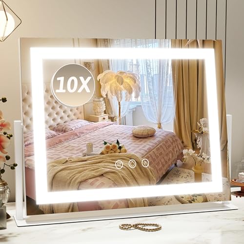 Image of ROLOVE Vanity Mirror with Lights 22 inchx18 inch, Lighted Makeup Mirror with 10X Magnification, Smart Touch 3 Colors Dimmable, 360 Rotation, Women Gift, Dresser Mount, Bathroom (White)