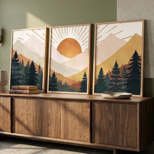 Image of kotart Boho Mountain View Framed Painting | Big Aesthetic Nature Inspired Framed Paintings for Living Room Bedroom Wall Decor Set Of 3 (20x30 Inch)