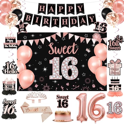 Sweet 16 Party Decorations,Black Rose Gold Happy 16th Birthday Banner Balloons Backdrop Hanging Swirls,Sweet 16 Sash and Tiara Cake Topper Honeycomb Centerpiece Sixteen Party Supplies for Girls
