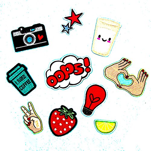 Segolike 10 Pieces DIY Embroidered Sew Iron on Patches Gesture Star Camera Strawberry Applique Decorations