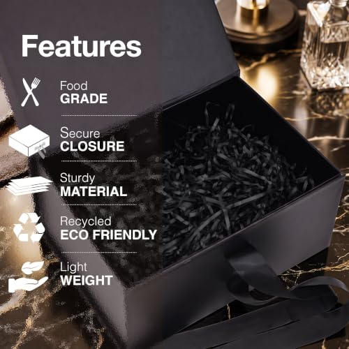 Image of RBS - Black Gift Box with Filler 23x16x10cm Empty Hamper Box for Gifting Holds Upto 5kg Sturdy Cardboard Gift Boxes 25g Decorative Shredded Paper Birthday, Christmas, Diwali Packing (Black Filler)