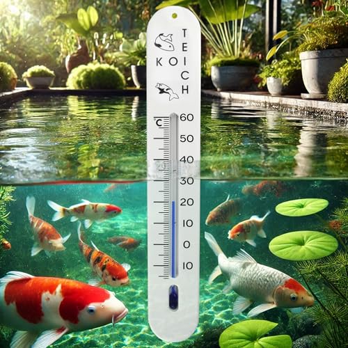 Lantelme Teichthermometer 19cm sinkend mit Schnur Temperatur -15°C bis 60°C für Fischzucht | Für Fische wie Koi Forellen Karpfen Gartenteich Koizucht | Analog Teich Thermometer Wassertemperaturmesser
