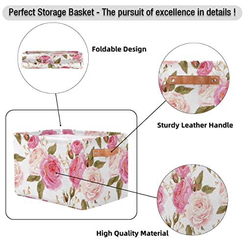 Pardick 2Pack Floral Flower Rose Large Collapsible Storage Bins,Pink Roses Decorative Canvas Fabric Storage Boxes Organizer With Handles，Rectangular Shelves Baskets Box For Home Office Nursery Closet #TOP2